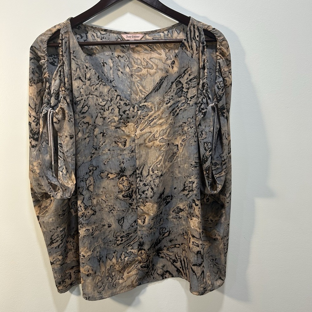 Juicy Couture XL Top Brown Abstract Blouse Cold Shoulder Dolman Sleeve Boho‎